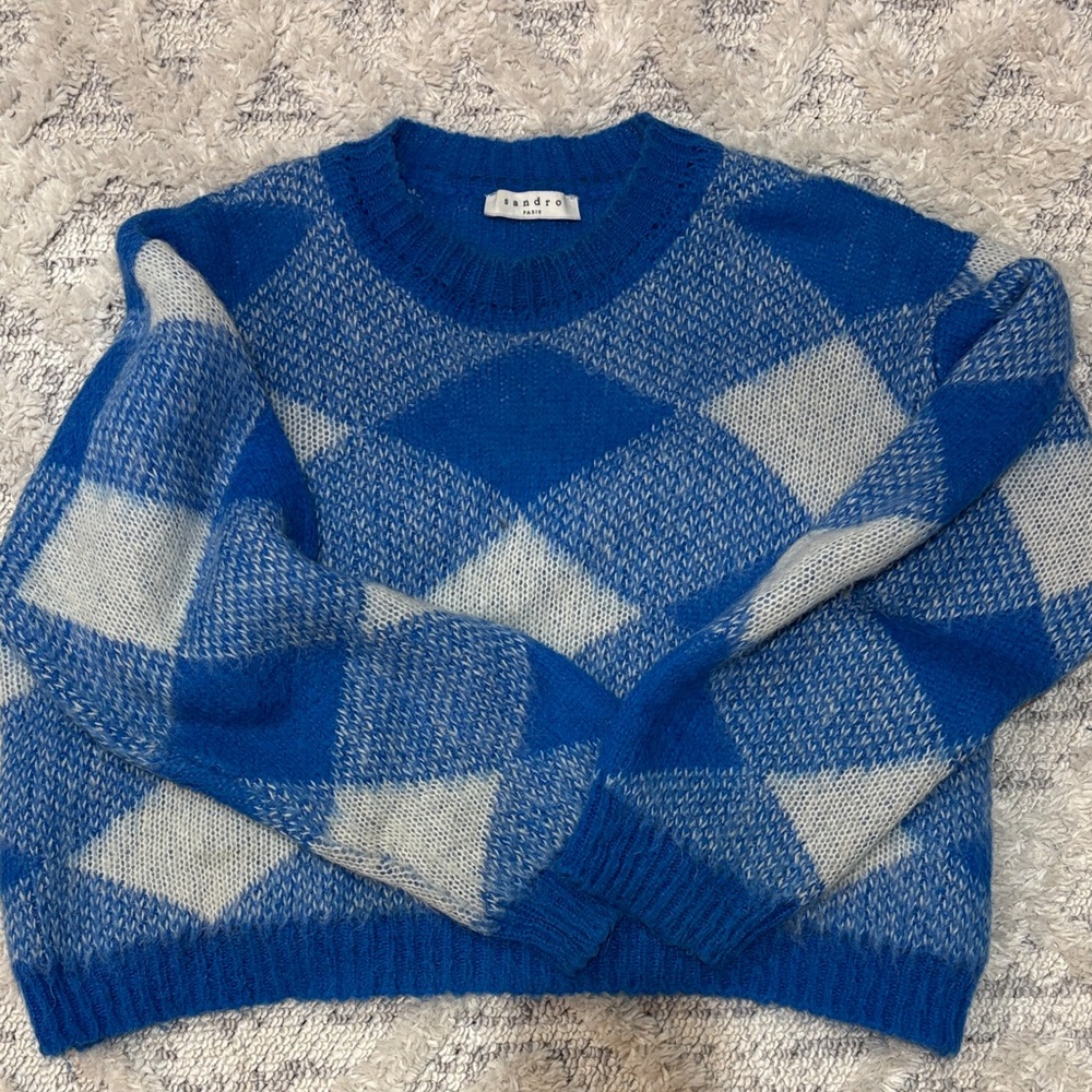 Sandro Royal Blue & Cream Argyle Crewneck Sweater - Women
